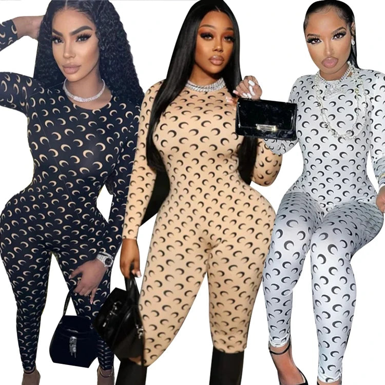 Womens Jumpsuit American Retro Slim Fit Sexy Moon Print Long Sleeve Round Neck Tight Fitting Leggings Versatil — view 5