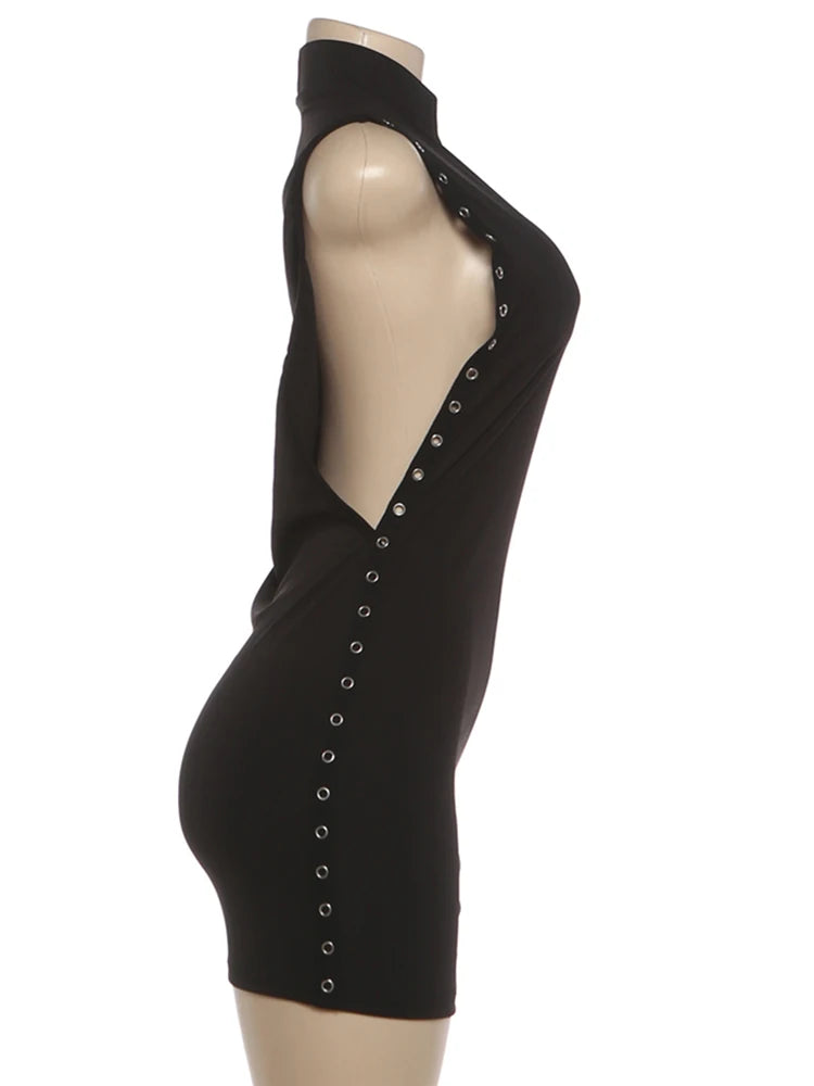 Kliou Side Hollow Design Dress Woman Turtleneck Sleeveless Metal Rings Decoration Skinny Peach Hip Midnight Cl — view 5