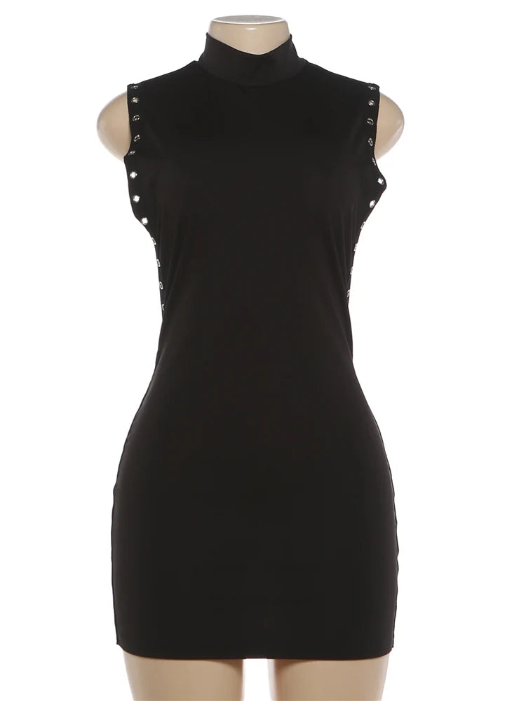 Kliou Side Hollow Design Dress Woman Turtleneck Sleeveless Metal Rings Decoration Skinny Peach Hip Midnight Cl — view 6