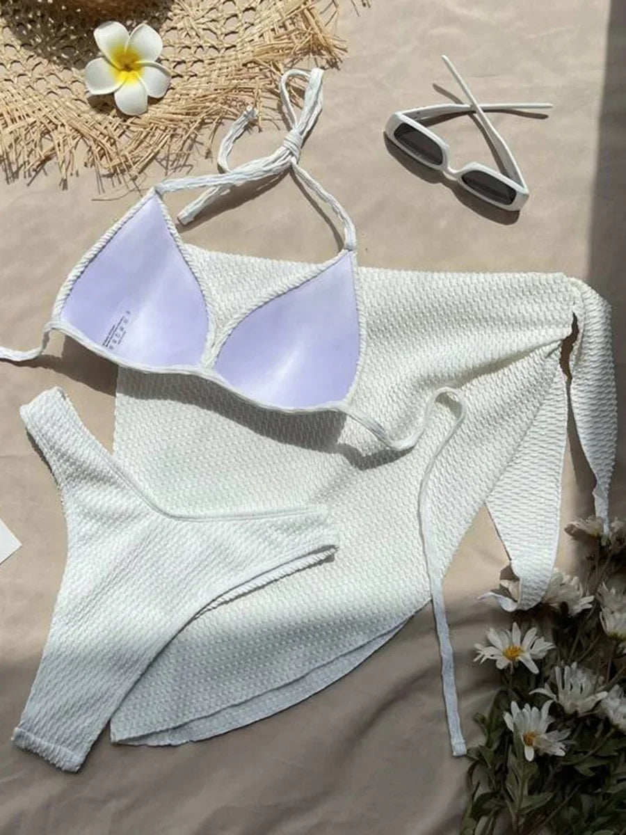 With Skirt Wrinkled Bra Cup Bikini Female Swimsuit Women Swimwear Three-pieces Bikini Set Push Up Bathing Suit — view 12
