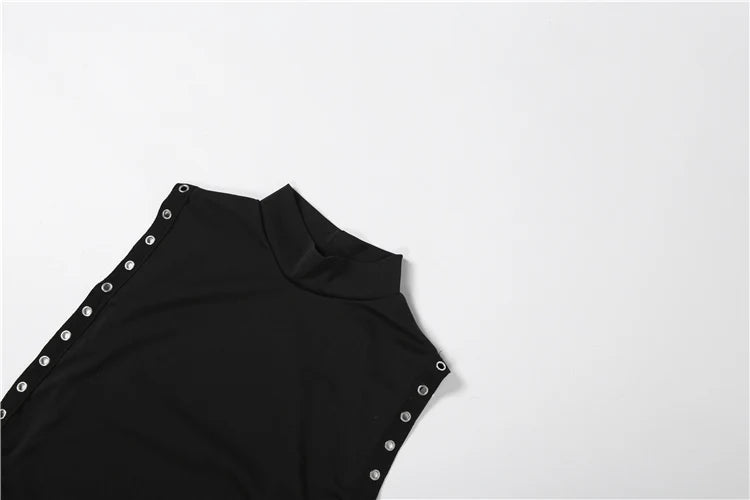 Kliou Side Hollow Design Dress Woman Turtleneck Sleeveless Metal Rings Decoration Skinny Peach Hip Midnight Cl — view 10