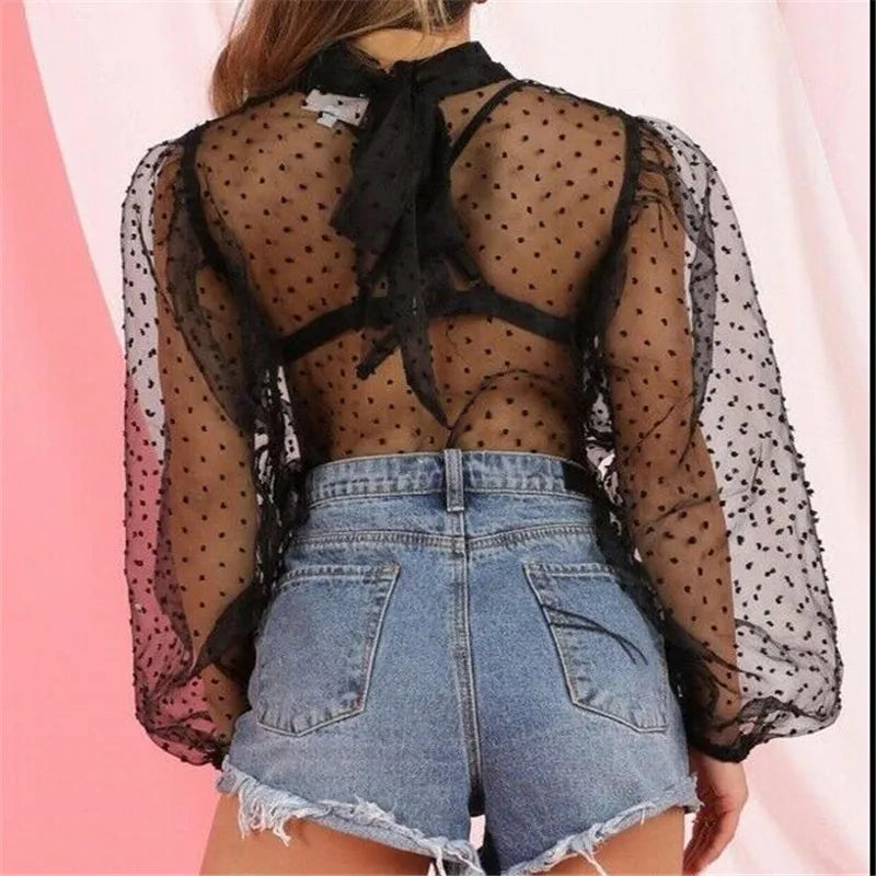 Summer Sexy Thin Mesh Women Polka Dot Sheer See-through Tops Bikini Cover-Ups Puff Long Sleeve Blouse Shirts B — view 3