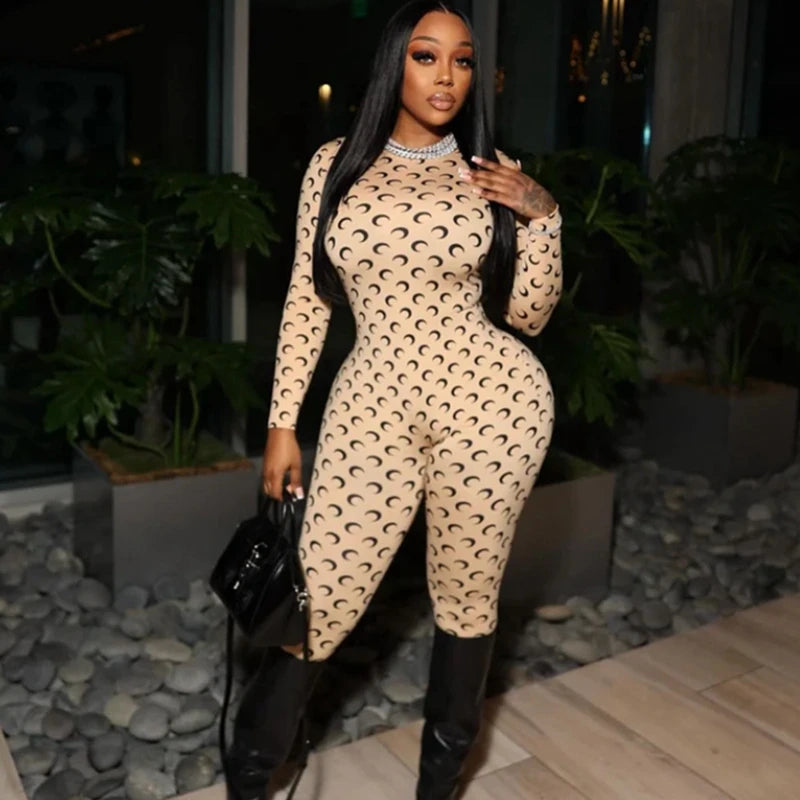 Womens Jumpsuit American Retro Slim Fit Sexy Moon Print Long Sleeve Round Neck Tight Fitting Leggings Versatil — view 2