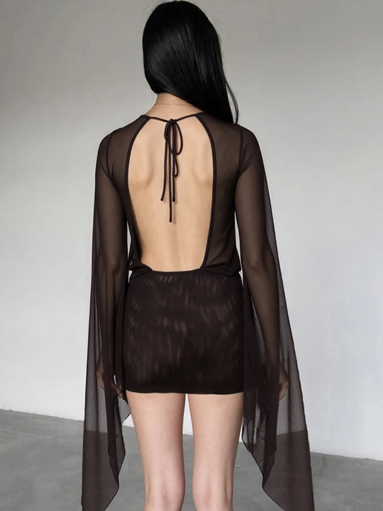 kliou Mesh Irregular Women Mini Dress Sexy See Through Chic Long Sleeve Deep Low Neck Bandage Slim Vestidos Mu — view 2
