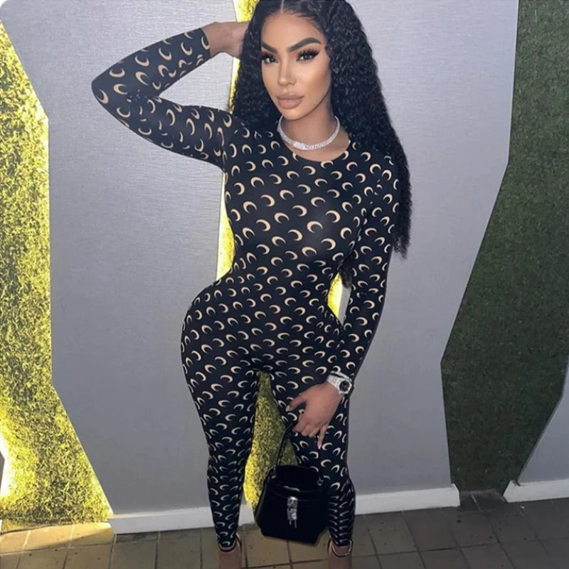 Womens Jumpsuit American Retro Slim Fit Sexy Moon Print Long Sleeve Round Neck Tight Fitting Leggings Versatil — view 1