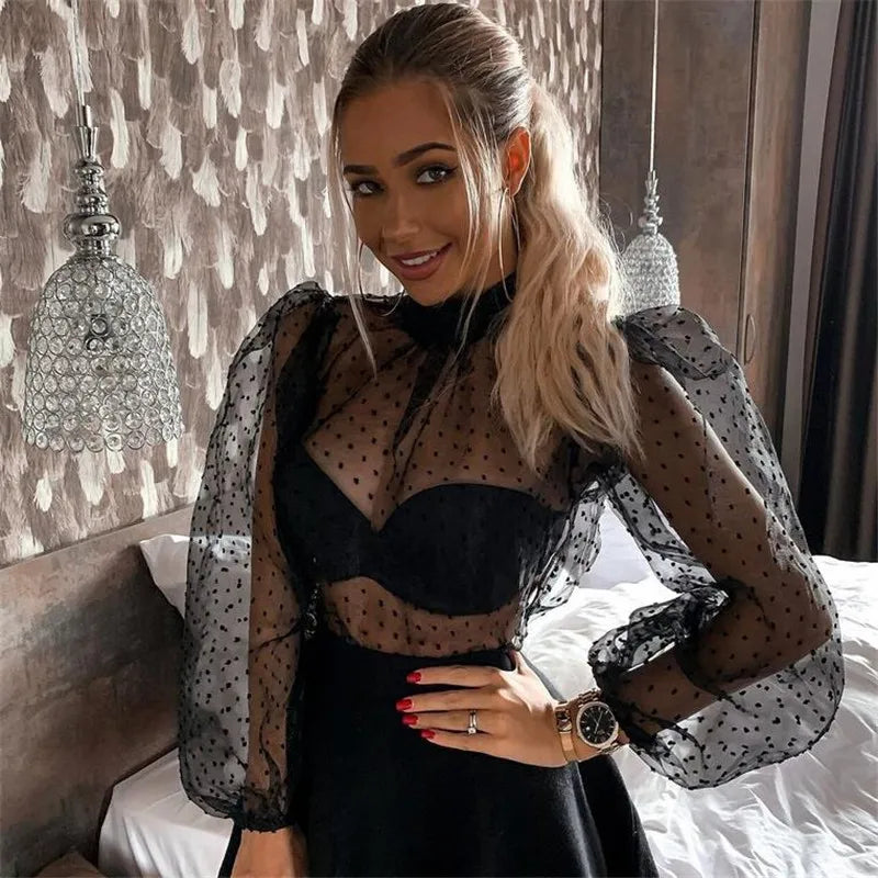 Summer Sexy Thin Mesh Women Polka Dot Sheer See-through Tops Bikini Cover-Ups Puff Long Sleeve Blouse Shirts B — view 17
