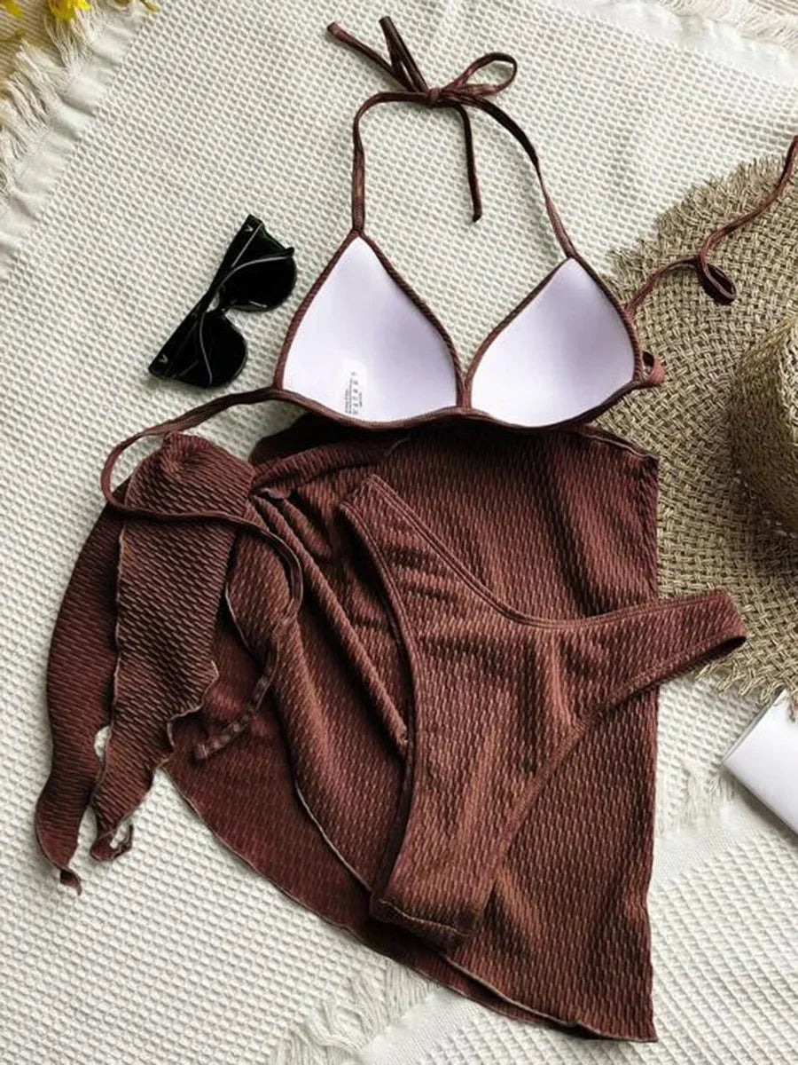With Skirt Wrinkled Bra Cup Bikini Female Swimsuit Women Swimwear Three-pieces Bikini Set Push Up Bathing Suit — view 20