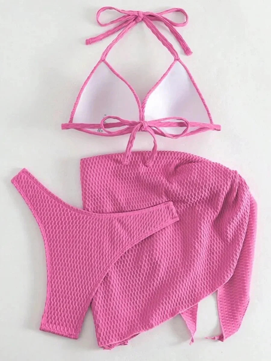 With Skirt Wrinkled Bra Cup Bikini Female Swimsuit Women Swimwear Three-pieces Bikini Set Push Up Bathing Suit — view 8